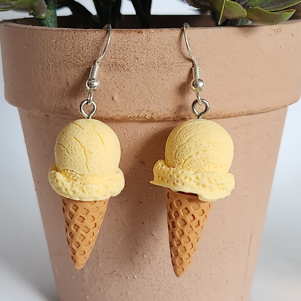 Yellow Ice Cream Cone Dangle Earrings Novelty Food Jewelry Silver Tone Hooks